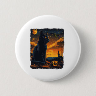 Black Cat Starry Night Van Gogh Pumpkins Bats Hall 6 Cm Round Badge