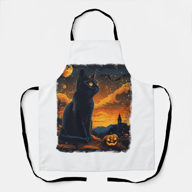 Black Cat Starry Night Van Gogh Pumpkins Bats Hall Apron (Front)