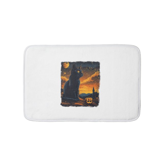 Black Cat Starry Night Van Gogh Pumpkins Bats Hall Bath Mat (Front)