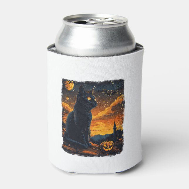 Black Cat Starry Night Van Gogh Pumpkins Bats Hall Can Cooler (Can Front)
