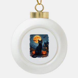 Black Cat Starry Night Van Gogh Pumpkins Bats Hall Ceramic Ball Christmas Ornament