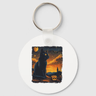 Black Cat Starry Night Van Gogh Pumpkins Bats Hall Key Ring