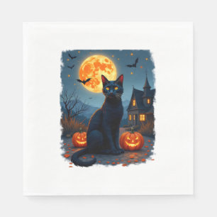 Black Cat Starry Night Van Gogh Pumpkins Bats Hall Napkin