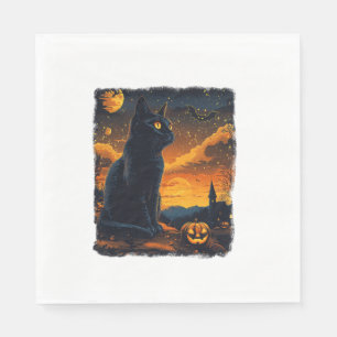 Black Cat Starry Night Van Gogh Pumpkins Bats Hall Napkin