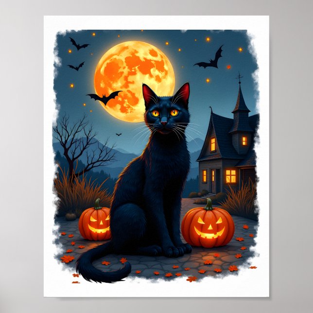 Black Cat Starry Night Van Gogh Pumpkins Bats Hall Poster (Front)