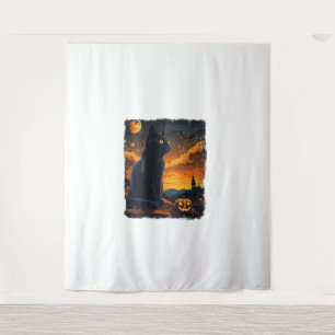 Black Cat Starry Night Van Gogh Pumpkins Bats Hall Tapestry