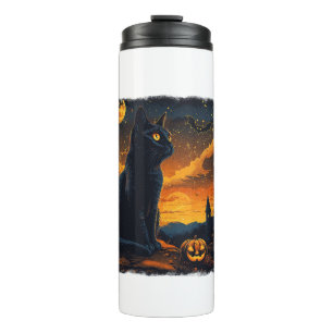 Black Cat Starry Night Van Gogh Pumpkins Bats Hall Thermal Tumbler