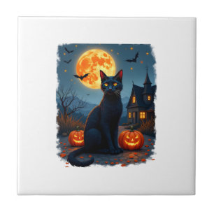 Black Cat Starry Night Van Gogh Pumpkins Bats Hall Tile