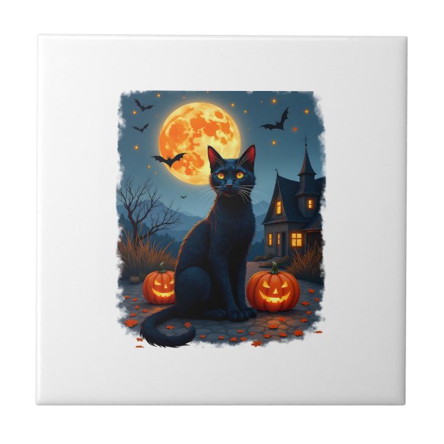 Black Cat Starry Night Van Gogh Pumpkins Bats Hall Tile (Front)