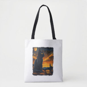 Black Cat Starry Night Van Gogh Pumpkins Bats Hall Tote Bag
