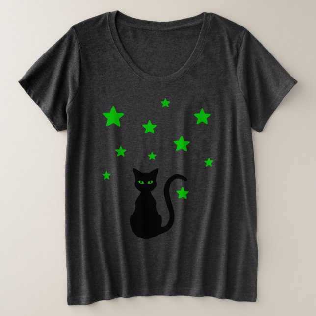 Black Cat Stars Plus Size T-Shirt (Design Front)