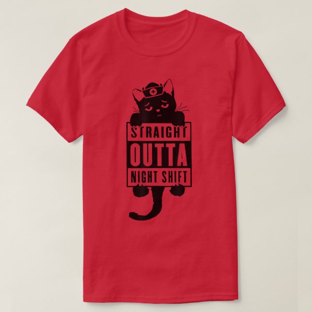 Black Cat Straight Outta Night Shift Stethoscope N T-Shirt (Design Front)