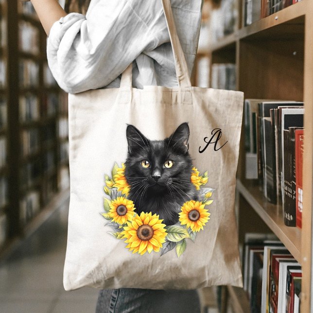 Black Cat Sunflower Wreath Monogram Initial Tote Bag (Creator Uploaded)