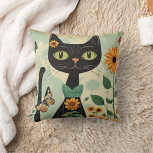 Black cat, sunflowers, butterflies, native art cushion