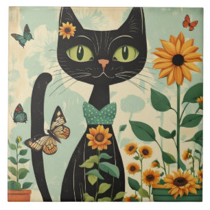 Black cat, sunflowers, butterflies, native art tile