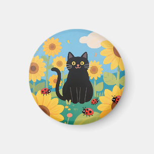 Black Cat Sunflowers Ladybugs Magnet