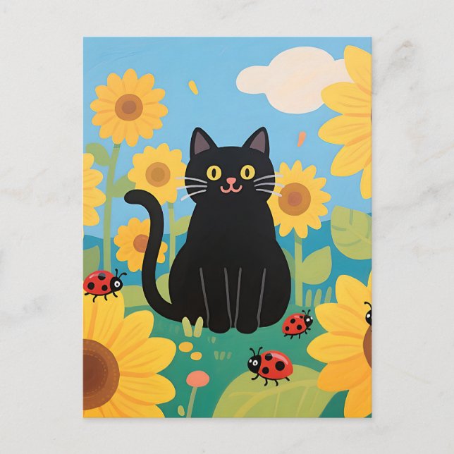 Black Cat Sunflowers Ladybugs Postcard (Front)