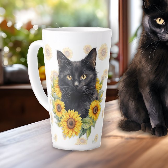 Black Cat Sunflowers Saying Latte Mug (Creator Uploaded)