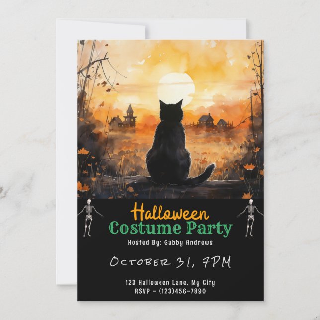 Black Cat Sunset Autumn Fall Town Black Halloween Invitation (Front)