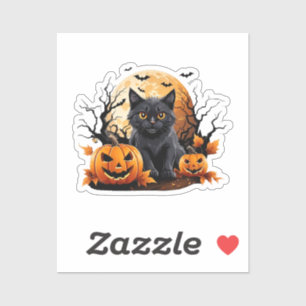 Black cat surrounded by pumpkins