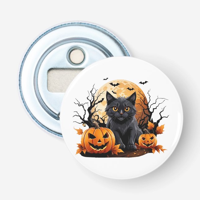 Black cat surrounded by pumpkins bottle opener (Front)