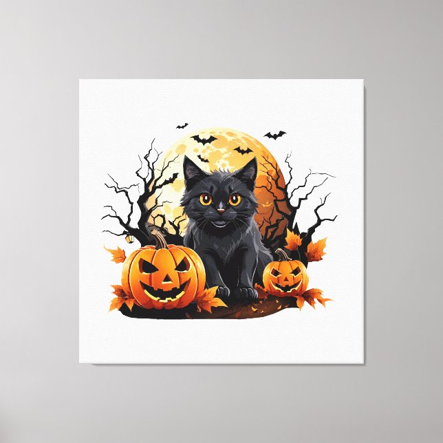 Black cat surrounded by pumpkins canvas print (Front)