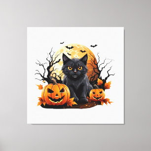 Black cat surrounded by pumpkins canvas print