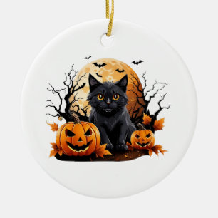 Black cat surrounded by pumpkins ceramic tree decoration
