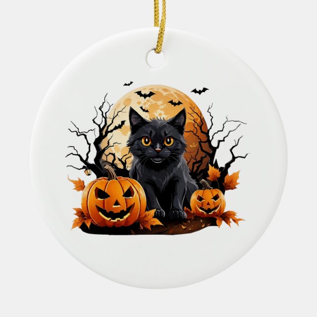 Black cat surrounded by pumpkins ceramic tree decoration (Front)