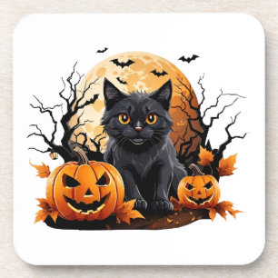 Black cat surrounded by pumpkins coaster