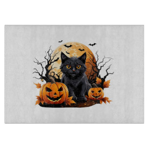 Black cat surrounded by pumpkins cutting board