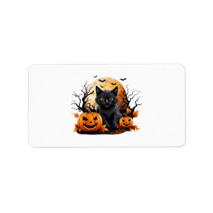 Black cat surrounded by pumpkins label