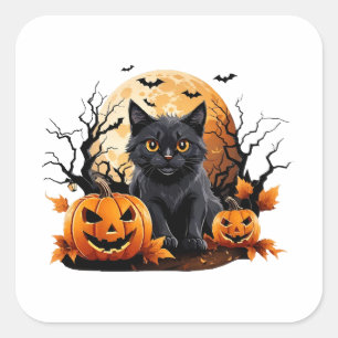 Black cat surrounded by pumpkins square sticker