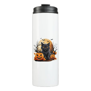 Black cat surrounded by pumpkins thermal tumbler