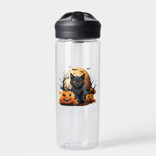 Black cat surrounded by pumpkins water bottle