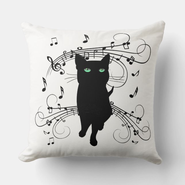 Black Cat Surrounded by Whispering Notes of Music Cushion (Front)