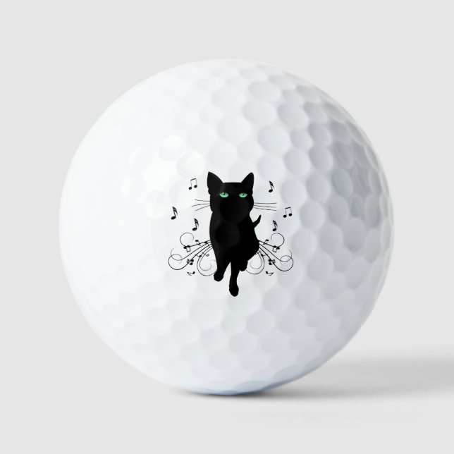 Black Cat Surrounded by Whispering Notes of Music Golf Balls (Front)