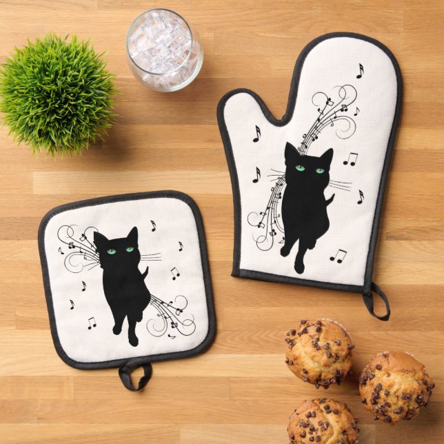 Black Cat Surrounded by Whispering Notes of Music Oven Mitt & Pot Holder Set (Top Down)