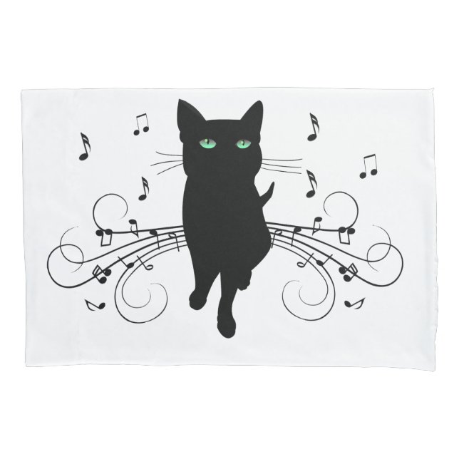 Black Cat Surrounded by Whispering Notes of Music Pillowcase (Front-Left)