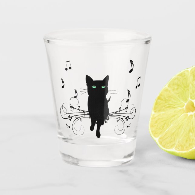 Black Cat Surrounded by Whispering Notes of Music Shot Glass (Front)