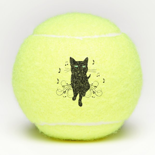 Black Cat Surrounded by Whispering Notes of Music Tennis Balls (Front)