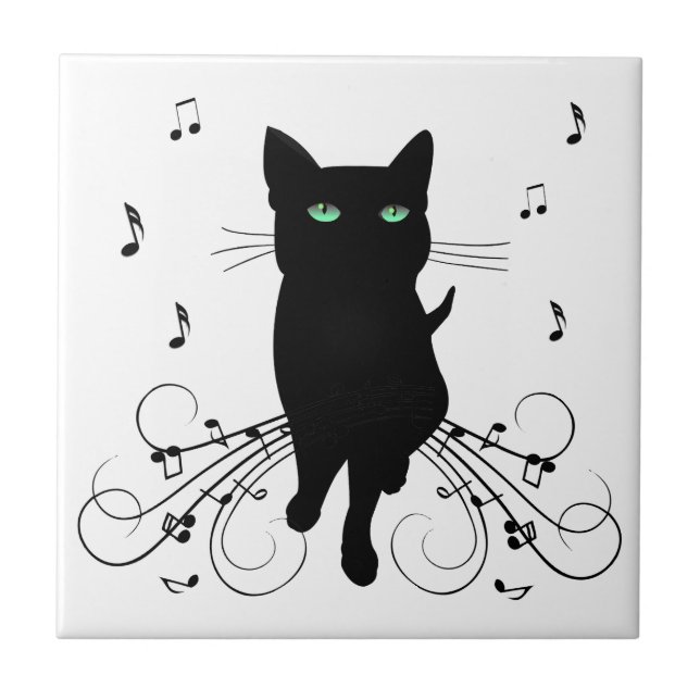 Black Cat Surrounded by Whispering Notes of Music Tile (Front)