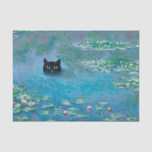 Black Cat Swimming in Water Lilies Decoupage Tissue Paper