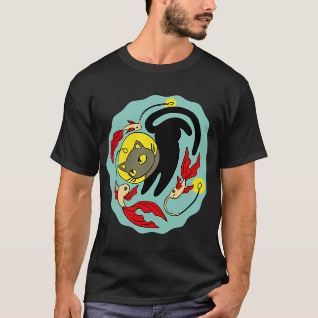 Black cat swimming with light fish T-Shirt (Front)