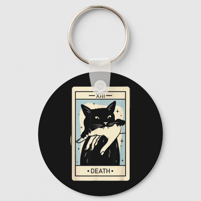Black Cat Tarot Death Halloween Witchy Cat Lover Key Ring (Front)