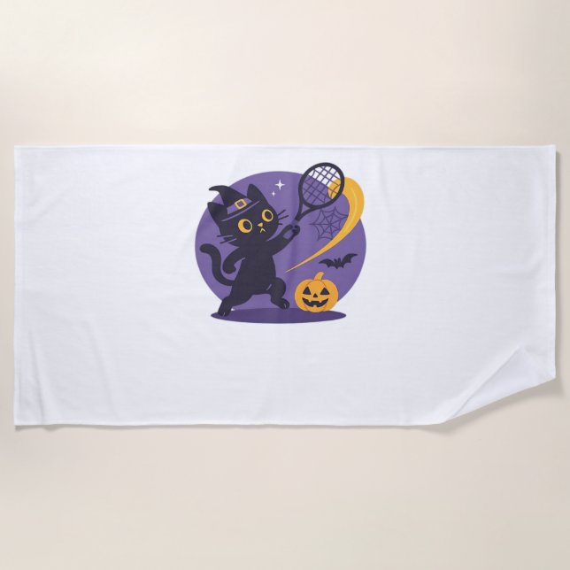 Black Cat Tennis Serve Essential T-Shirt Beach Towel (Front)