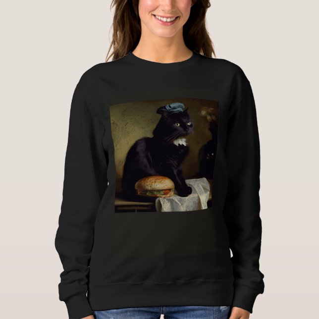 Black Cat Thinking Hamburger Sweatshirt (Front)
