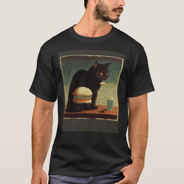 Black Cat Thinking Hamburger T-Shirt (Front)