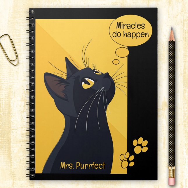 Black Cat Thought Bubble Custom Name Notebook (Notebook featuring a black cat looking up at a golden thought bubble with custom quote - cat lovers)