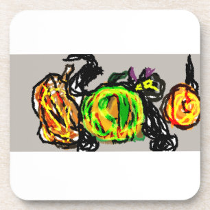Black cat three pumpkins coaster